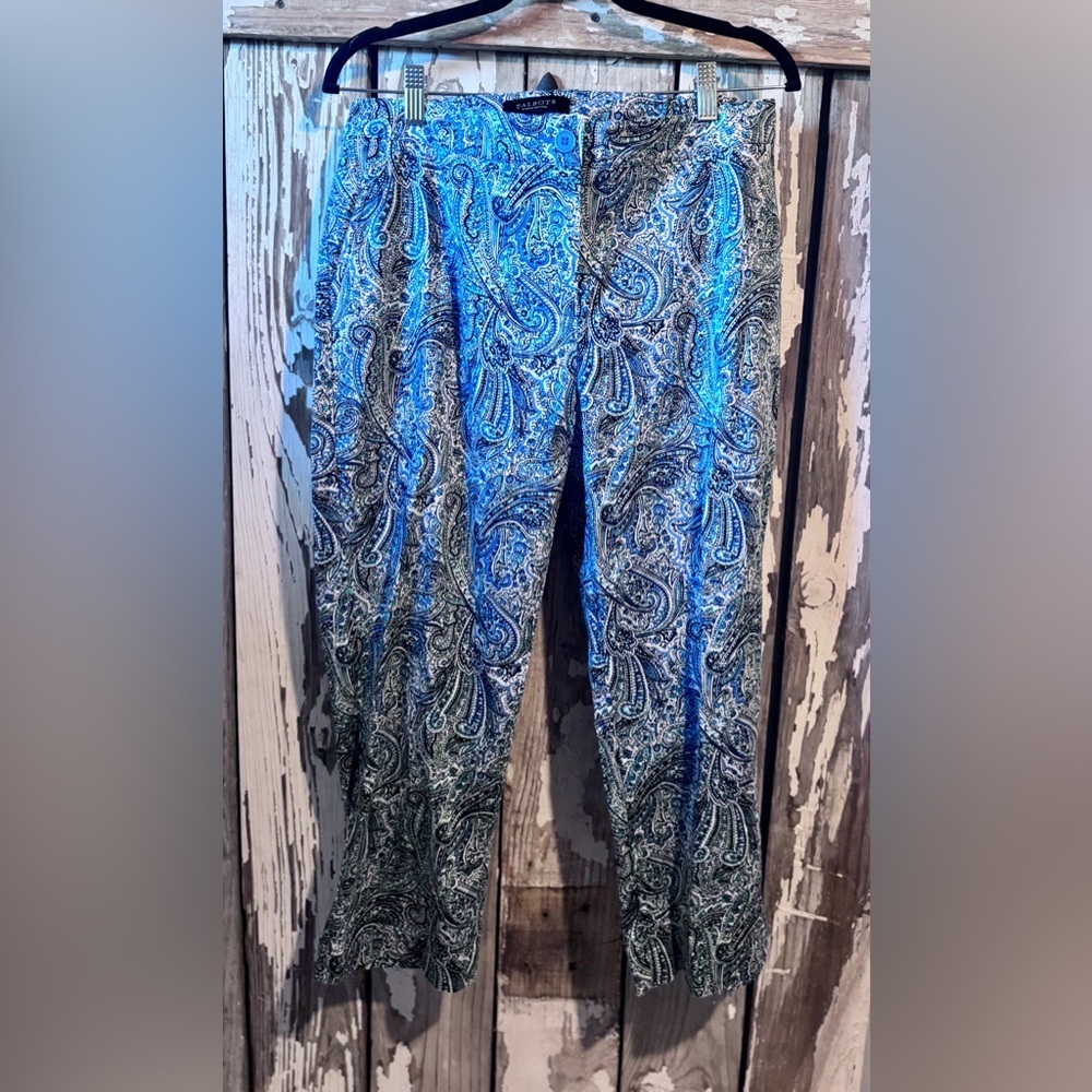 Talbots Blue and Black Paisley Trousers Size 14 WP Capri